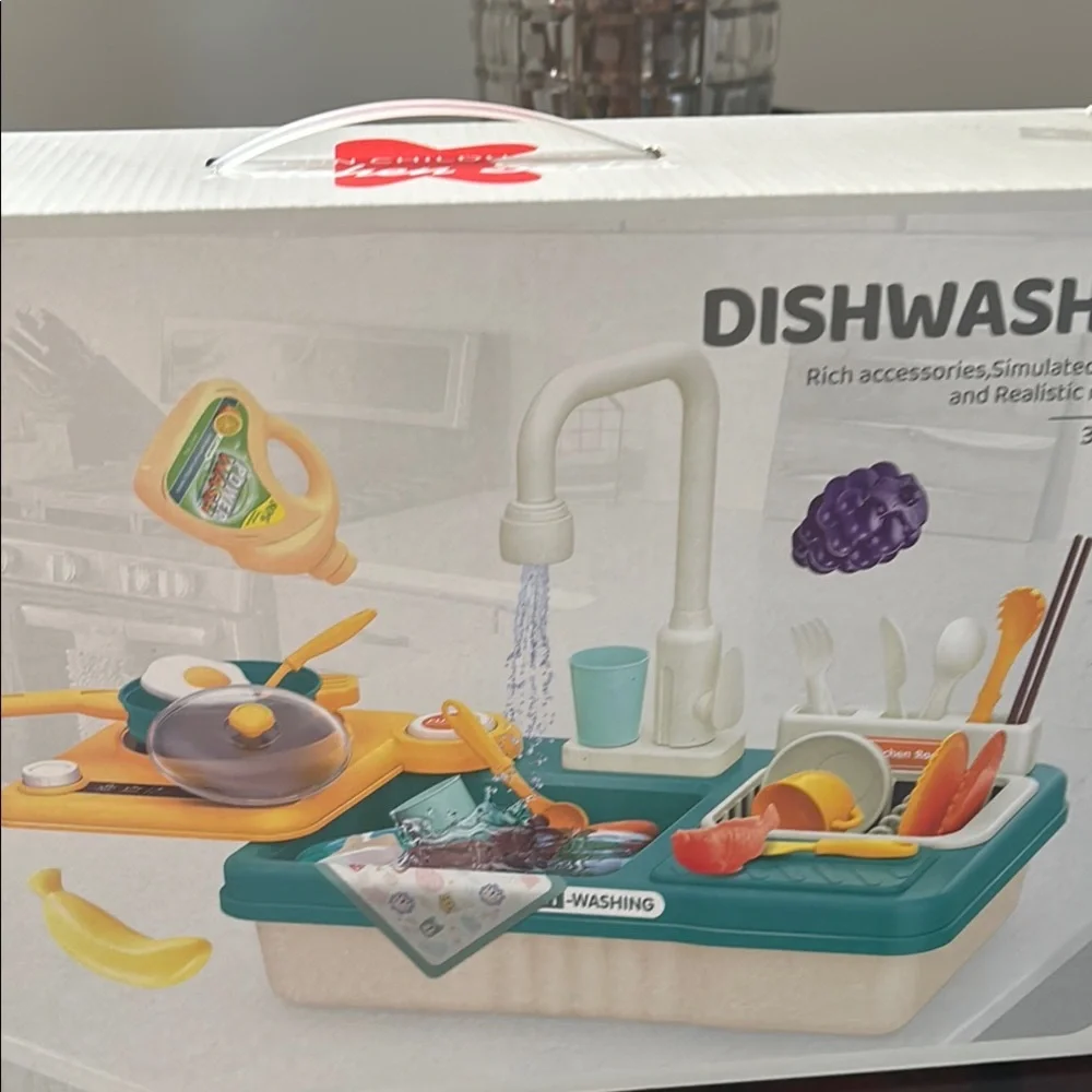 Kids Play Kitchen Dishwasher Sink Toy 31 Pcs Simulated Washing NIB